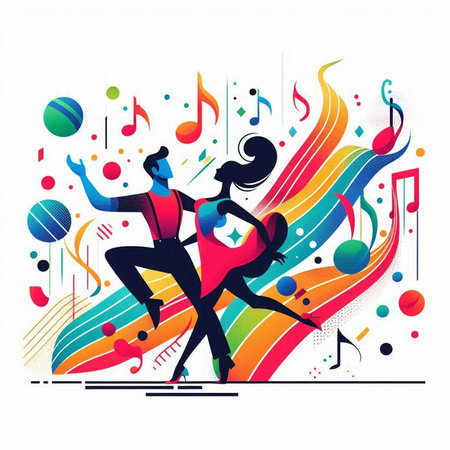 couple dancing on a colorful background with musical notes, vector illustrationのイラスト素材