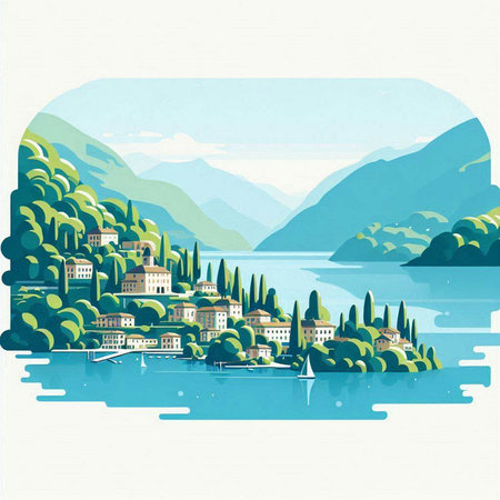 Landscape of Lake Como in Italy. Vintage style. Vector illustrationのイラスト素材