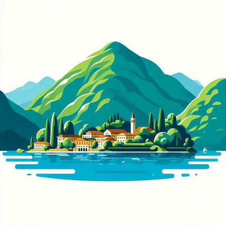 Idyllic landscape of Lake Garda, Italy. Vector illustrationのイラスト素材