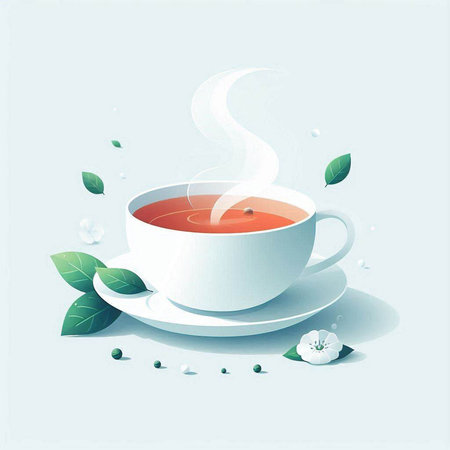 Cup of tea with leaves on light background. Vector illustration.のイラスト素材