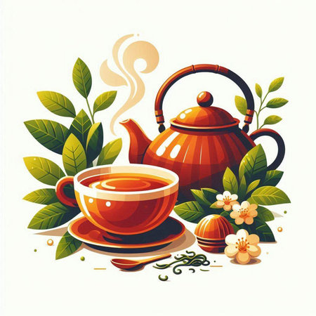 Vector illustration of Chinese tea ceremony with teapot and cup.のイラスト素材