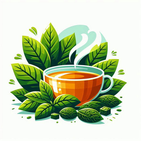 Cup of tea with green leaves on white background. Vector illustration.のイラスト素材