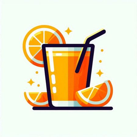 Orange juice in a glass with a straw, orange slices and stars. Vector illustration.のイラスト素材
