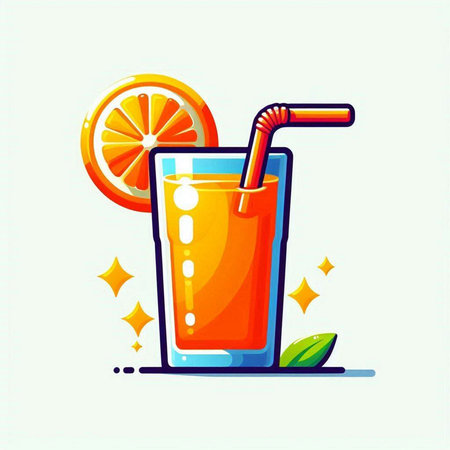 Orange juice in glass with straw and orange slice, vector illustration.のイラスト素材