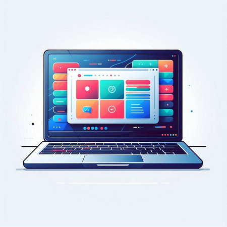 Laptop computer with colorful user interface. Vector illustration in flat styleのイラスト素材