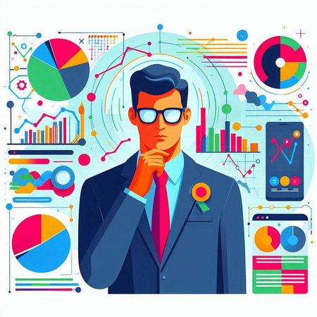 Vector illustration of a businessman in a business suit and glasses on the background of charts and graphs.のイラスト素材