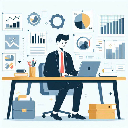 Businessman working on laptop in office. Flat style vector illustration.のイラスト素材