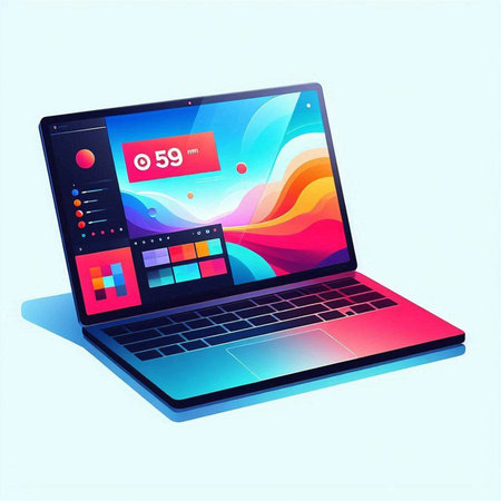 Laptop with colorful screen on the blue background. Vector illustration.のイラスト素材