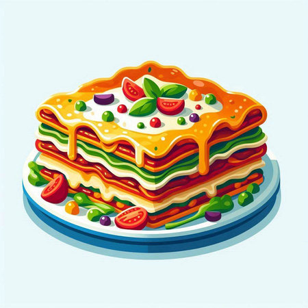 Illustration of lasagna on a plate with tomato and mozzarellaのイラスト素材