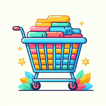 Shopping cart with pile of clothes. Vector illustration in flat styleのイラスト素材