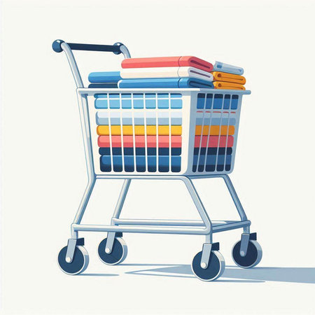 Shopping cart full of books on white background. Vector illustration.のイラスト素材