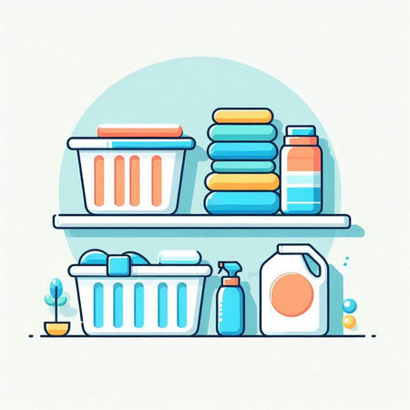Detergents and cleaning products on the shelf. Vector illustration.のイラスト素材