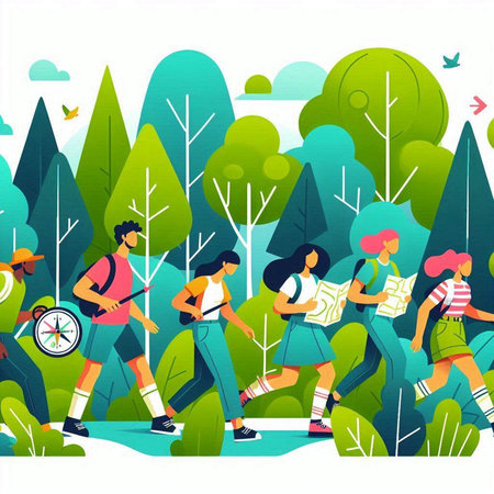 Group of people walking in the forest. Flat style vector illustration.のイラスト素材