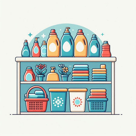 Detergents and cleaning products on the shelf. Vector illustration.のイラスト素材