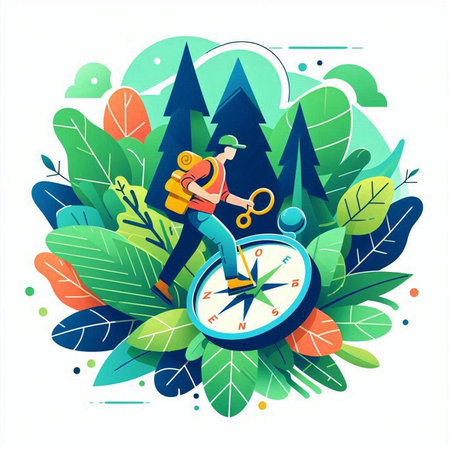 Vector illustration of a man with a backpack and a compass in the forestのイラスト素材
