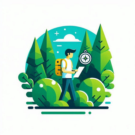 Tourist man with backpack and compass in the forest. Flat vector illustration.のイラスト素材