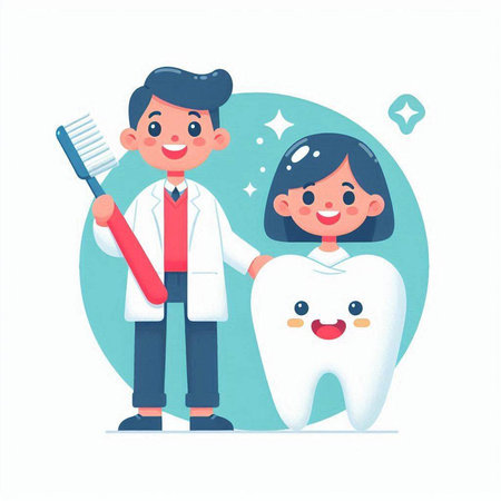 Smiling Dentist with Toothbrush and Smiling Girl Vector Illustrationのイラスト素材