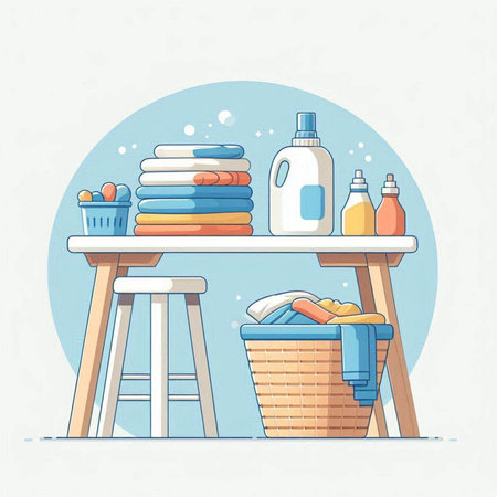 Laundry room. Cleaning service. Laundry basket with clean towels and detergent. Vector illustration.のイラスト素材