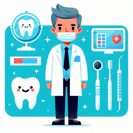 Dentist and dental tools. Vector illustration in cartoon style.のイラスト素材