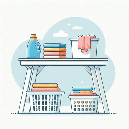 Laundry room. Vector illustration in flat style. Laundry basket with towels and detergent.のイラスト素材