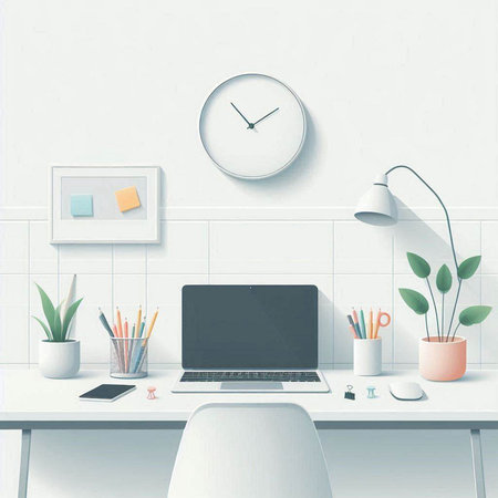 Minimalistic office interior with blank screen laptop, coffee cup, stationery and other items. Mock up, 3D Renderingのイラスト素材
