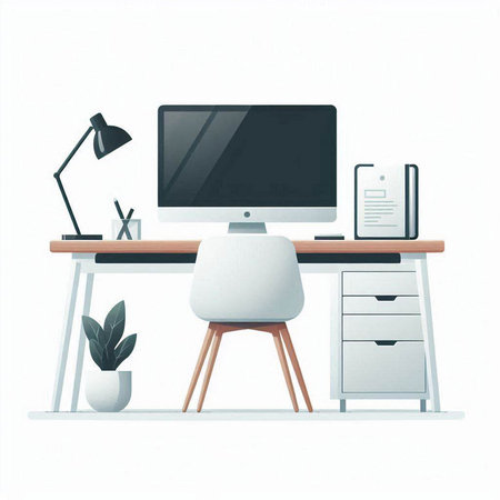 Workplace, computer, tablet, chair, lamp, table, chair, vector illustrationのイラスト素材
