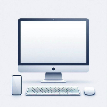Computer display with keyboard and mouse on white background. 3D rendering.のイラスト素材