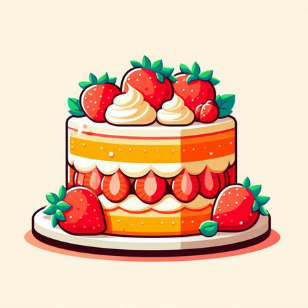 Cake with cream and strawberries. Vector illustration in cartoon style.のイラスト素材