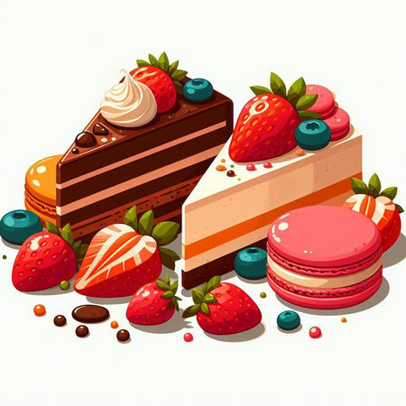 Illustration of a cake with strawberries, blueberries and macaroonsのイラスト素材