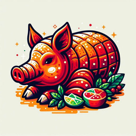 Vector illustration of a stylized red boar with fruits and berriesのイラスト素材