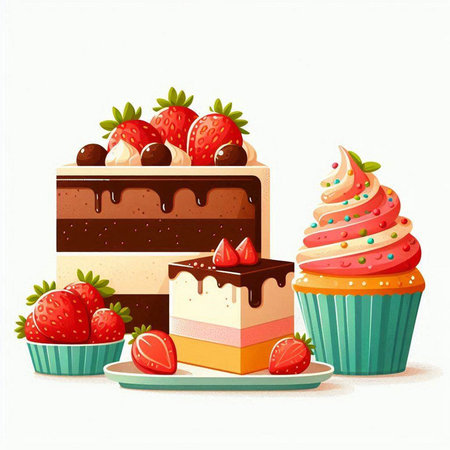 Illustration of cakes and cupcakes with strawberries on a white backgroundのイラスト素材