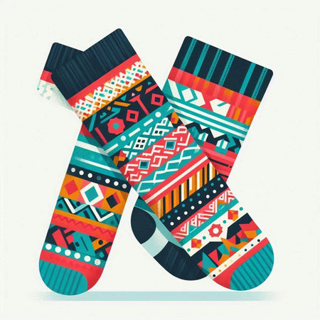 Colorful socks with geometric ornaments. Vector illustration in retro style.のイラスト素材