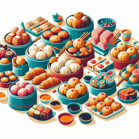 japanese food pattern with sushi, rolls and rolls in colorful bowlsのイラスト素材