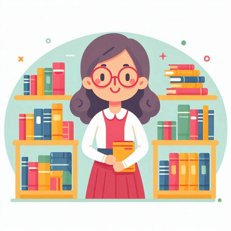 Girl reading a book in the library. Vector illustration in flat styleのイラスト素材