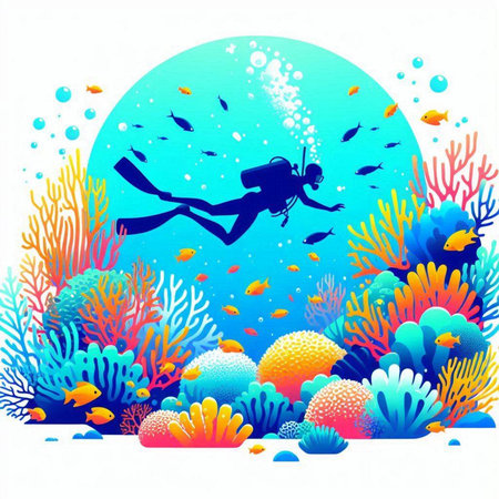 Underwater scene with corals, fish and diver. Vector illustration.のイラスト素材