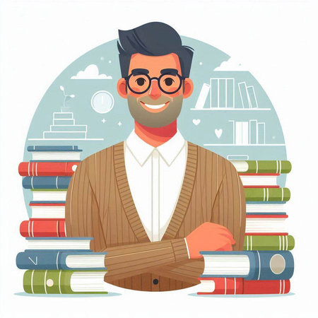 Vector illustration of a man in a business suit and glasses sitting on a pile of books.のイラスト素材