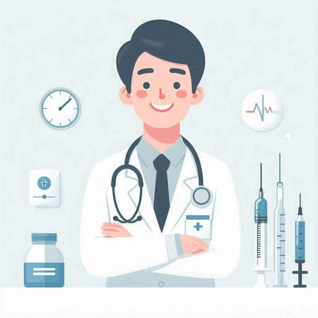 Male doctor with stethoscope and syringe. Flat style vector illustration.のイラスト素材