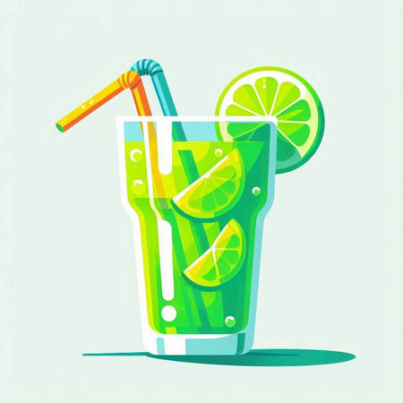 Cocktail with lime and straw in flat style. Vector illustration.のイラスト素材