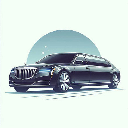 Illustration of black luxury limousine with sun in the backgroundのイラスト素材