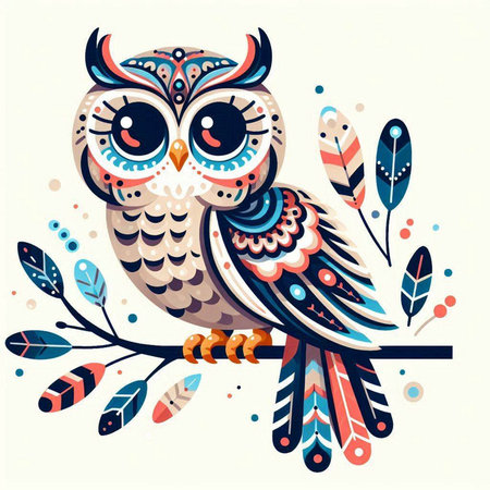 Owl on a branch with leaves. Vector illustration in retro style.のイラスト素材