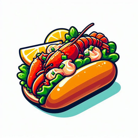 Hot dog with sausage, lettuce, lemon and tomato. Vector illustration.のイラスト素材