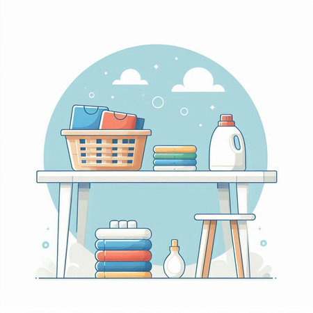 Laundry service vector illustration. Laundry basket with towels, washing powder, detergent, bleach. Laundry room interior.のイラスト素材