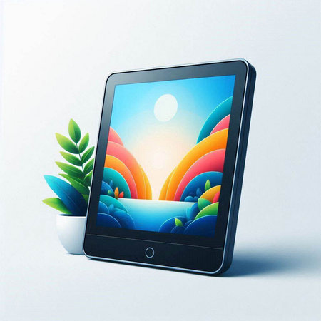 tablet pc with nature landscape on the screen. Vector illustration.のイラスト素材