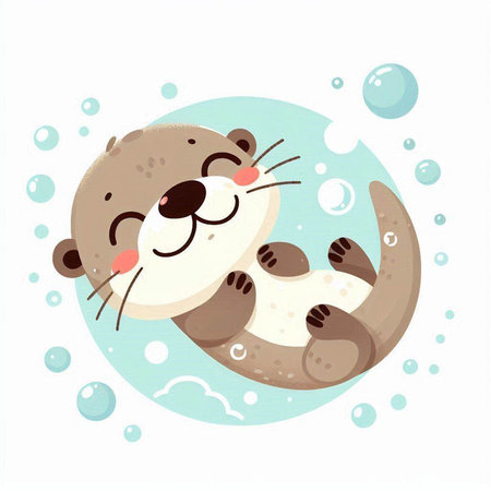Cute cartoon otter on a background of bubbles. Vector illustration.のイラスト素材