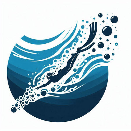 Swimming symbol. Swimming man silhouette on water waves background.のイラスト素材