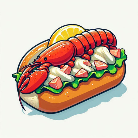 Illustration of a lobster sandwich on a white background. Vector illustration.のイラスト素材