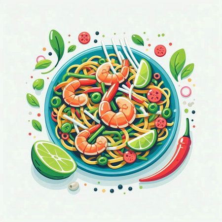 Vector illustration of shrimp pasta with lime and pepper on a plate.のイラスト素材