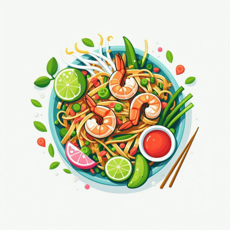 Noodles with shrimps and vegetables. Vector illustration.のイラスト素材