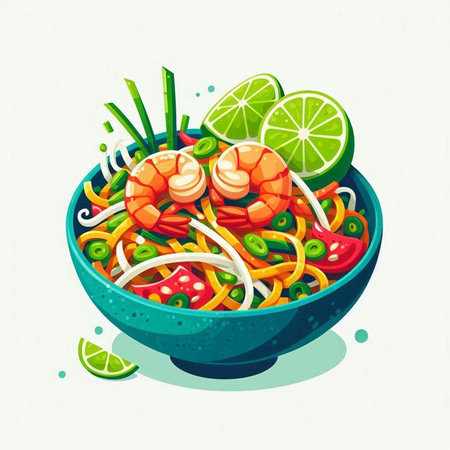 Illustration of a bowl of noodles with shrimp and lime slices.のイラスト素材