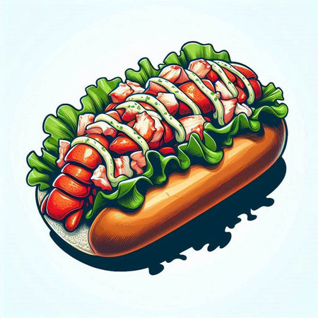 Hot dog with sausage, lettuce and mayonnaise. Vector illustration.のイラスト素材